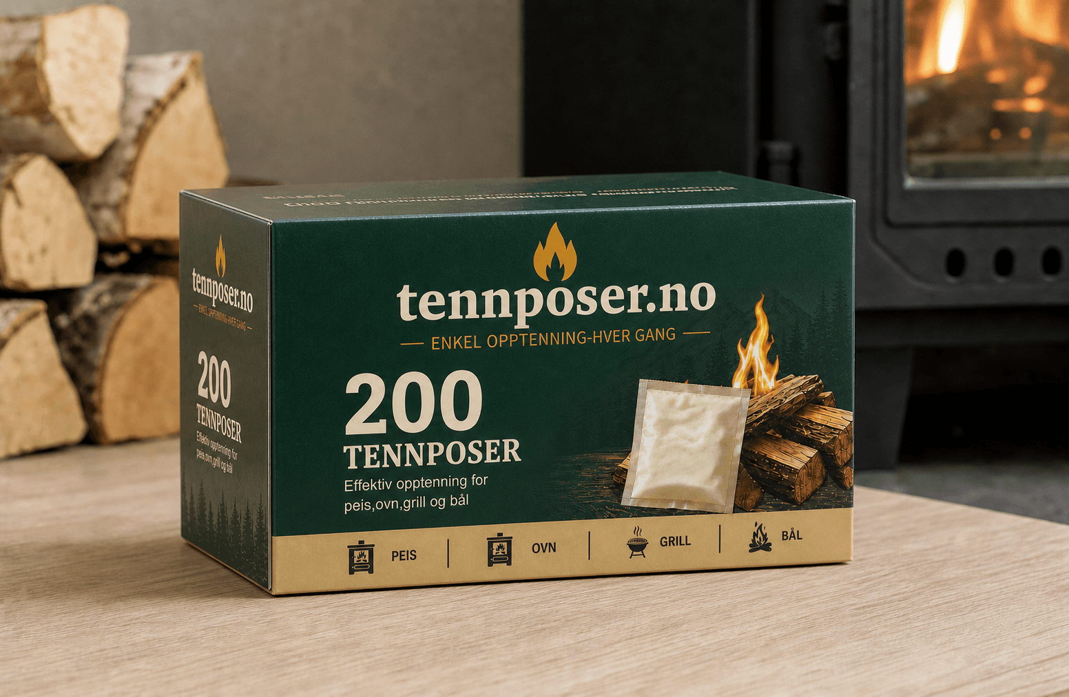 Boks med 200 tennposer foran peis